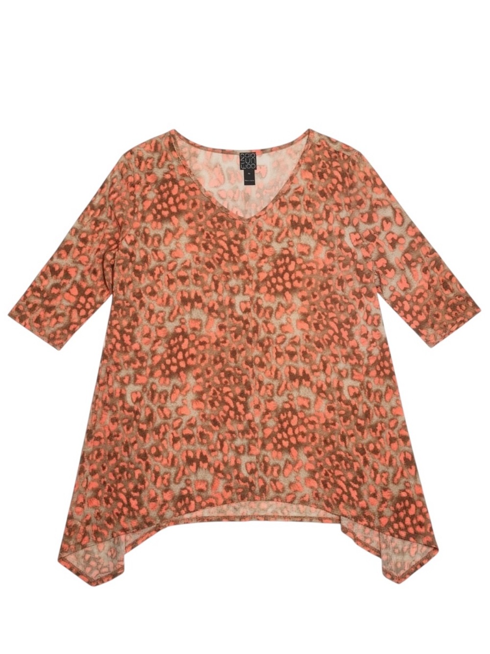 Clara Sun Woo XL Leopard Animal Print Tunic Top Coral Brown Asymmetrical Hem